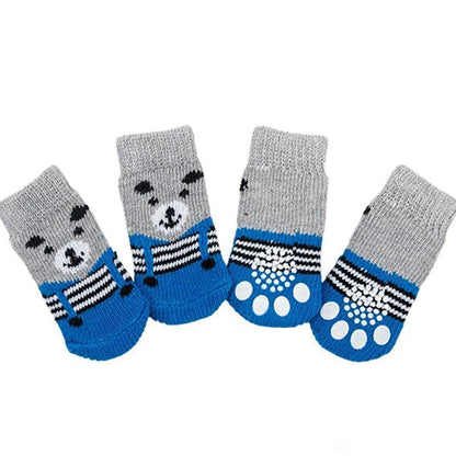 Non Slip Pet Socks for Dogs and Cats Knitted Paw Protector with Grips L Size - Grey stripes