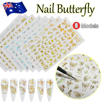 3D Nail Butterfly Design Sticker Decor Decal Holographic Laser Nail Art Sticker - Gold L-01