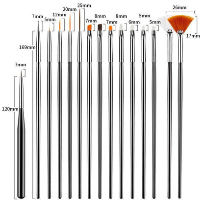 Nail Art Design Brushes Dotting Pen Tool Set Painting Uv Gel Drawing Brush 15Pcs - Black