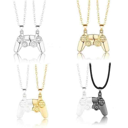 Matching Gamer Controller Necklace for Couples or Friends Pendant Gift Set - Silver and Black