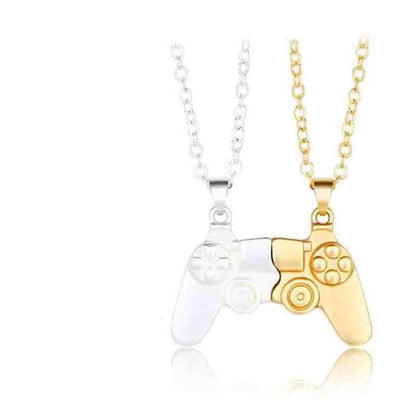 Matching Gamer Controller Necklace for Couples or Friends Pendant Gift Set - Silver and Black