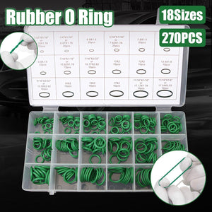 Set of green rubber O-rings in a clear organizer with labels on a dark background