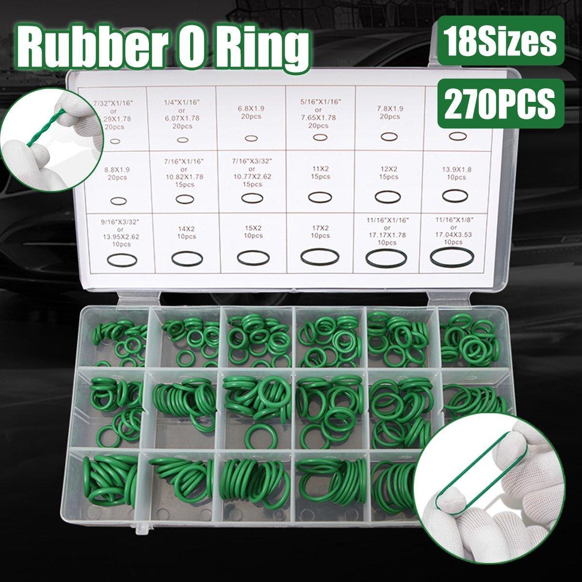 Set of green rubber O-rings in a clear organizer with labels on a dark background