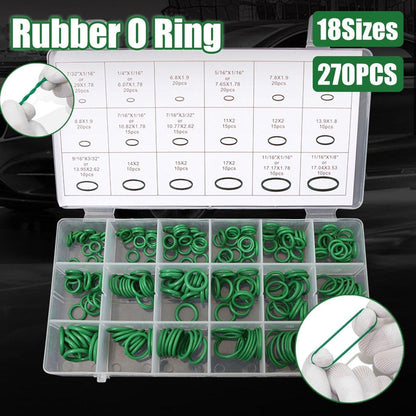 Set of green rubber O-rings in a clear organizer with labels on a dark background