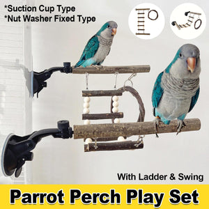 Wooden Parrot Stand Climbing Ladder Swing Toy for Birds Cage Play Accessories - Suction Cup Type