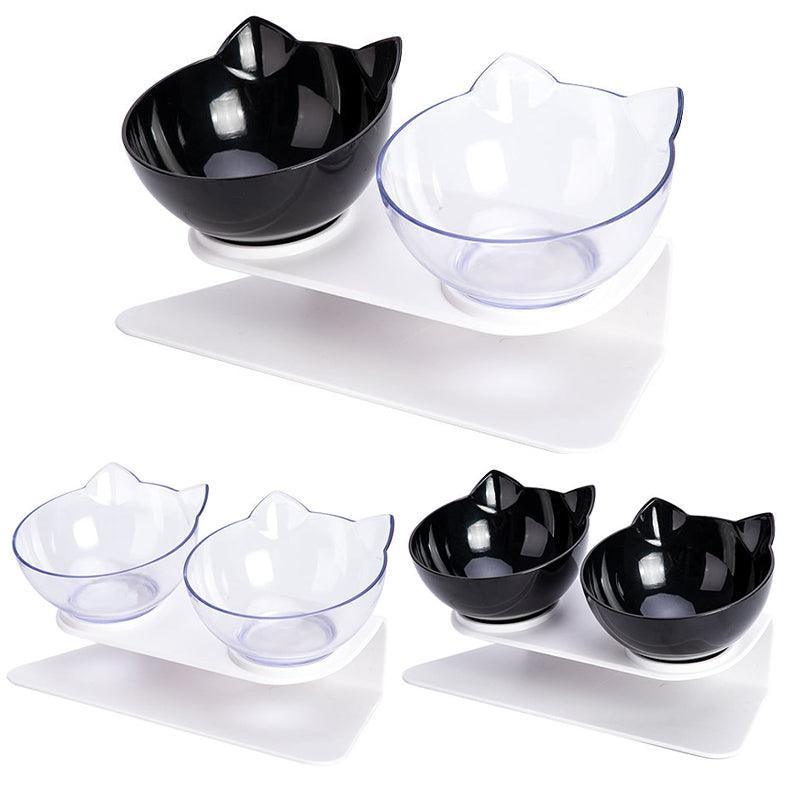 Double Cat Bowl Pet Bowls Stand Dog Elevated Feeder Food Water Raised Lifted Au - Black+Transparency