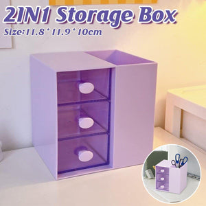 2IN1 Pumping Pen Container Storage Box Cosmetic Drawer Office Organizer Box
