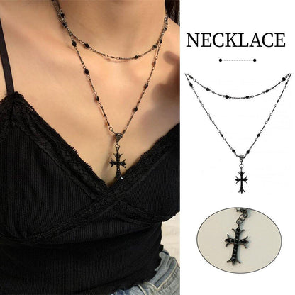 Women Fashion Double Layer Cross Pendant Necklace Retro Casual Sweater Chain