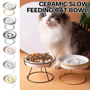 Ceramic slow feeding cat bowl with a cat eating from it, surrounded by variously decorated bowls.