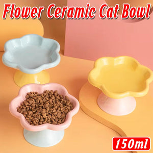 Flower Ceramic Cat Bowl Pet Food Bowl Snack Tray for Cats and Small Pets Feeding - Yellow - Factory Direct Shop