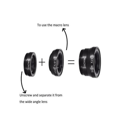 Wide Angle Macro Fisheye Phone Camera Lens Kit For Iphone Samsung Black