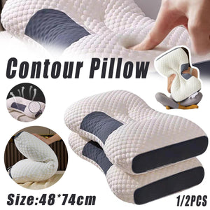 Contour pillow with text and insets showing its use on a couch and as a car pillow.