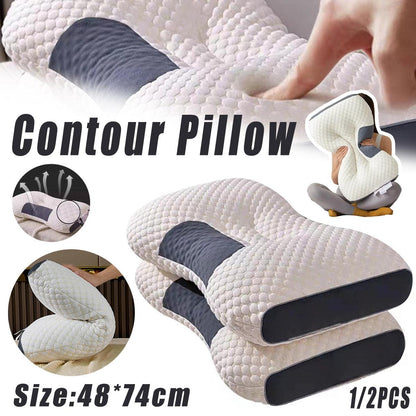 Contour pillow with text and insets showing its use on a couch and as a car pillow.