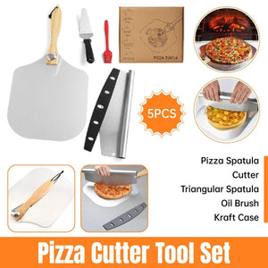 5-piece pizza cutter tool set with pizza spatula, cutter, triangular spatula, oil brush, and kraft case on a white background.