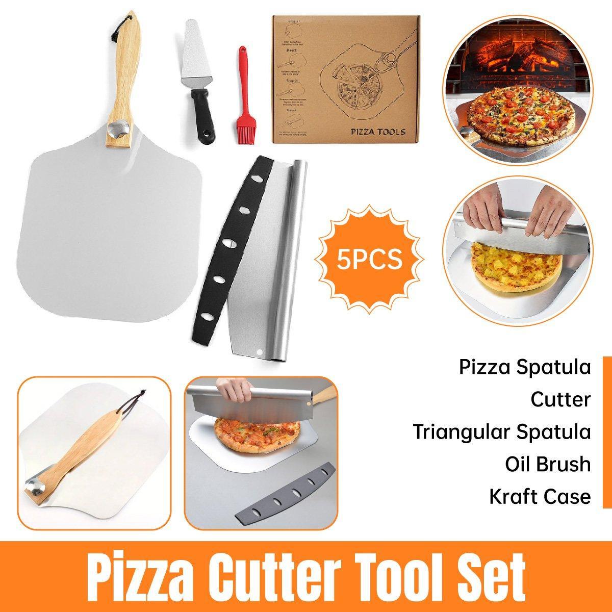 5-piece pizza cutter tool set with pizza spatula, cutter, triangular spatula, oil brush, and kraft case on a white background.