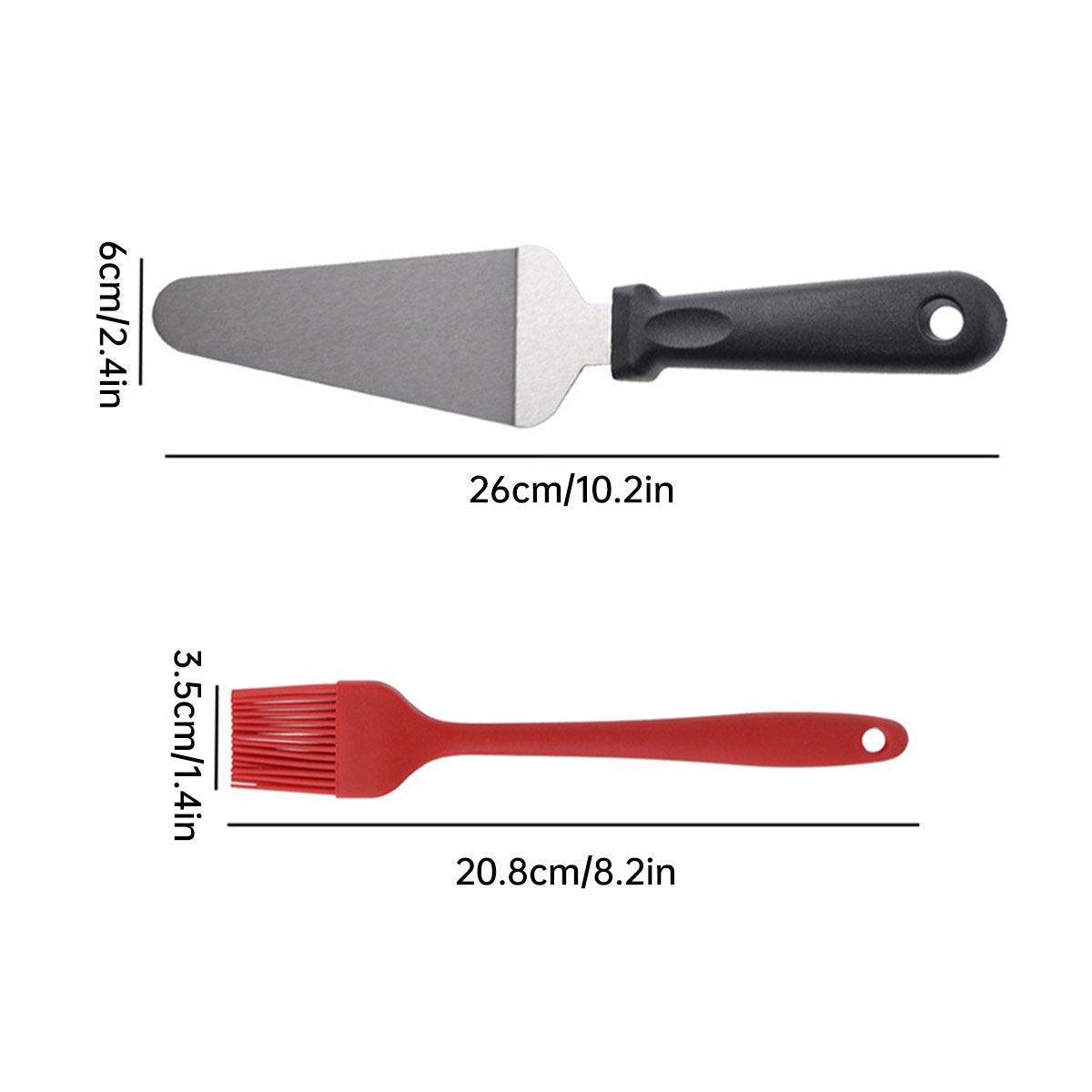 Measurement chart showing a spatula and a brush with their dimensions on a white background.