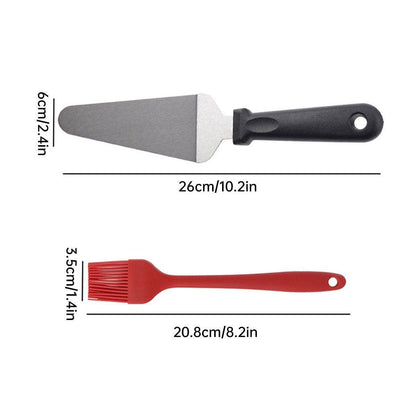 Measurement chart showing a spatula and a brush with their dimensions on a white background.