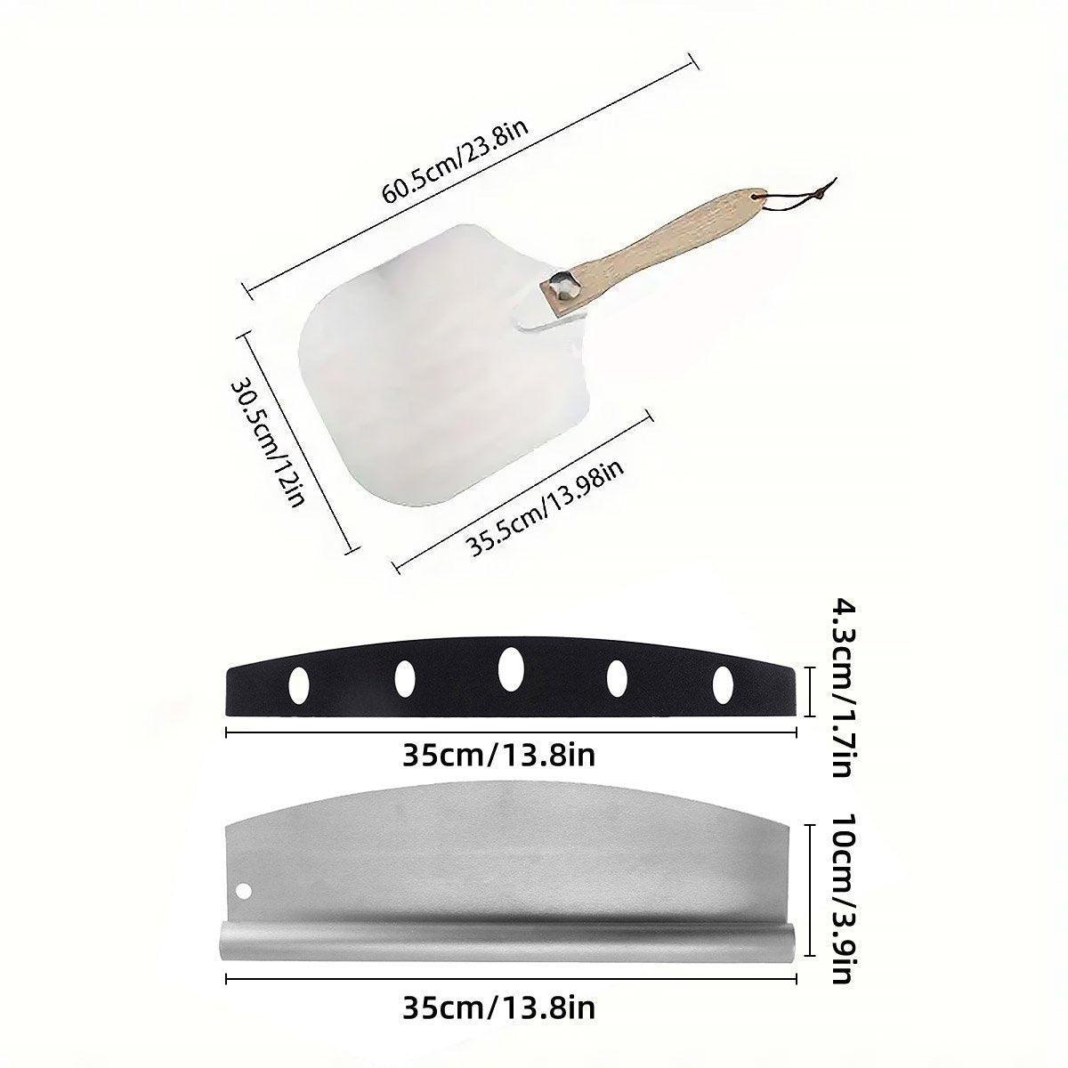 Measurement chart of a pizza peel with dimensions labeled