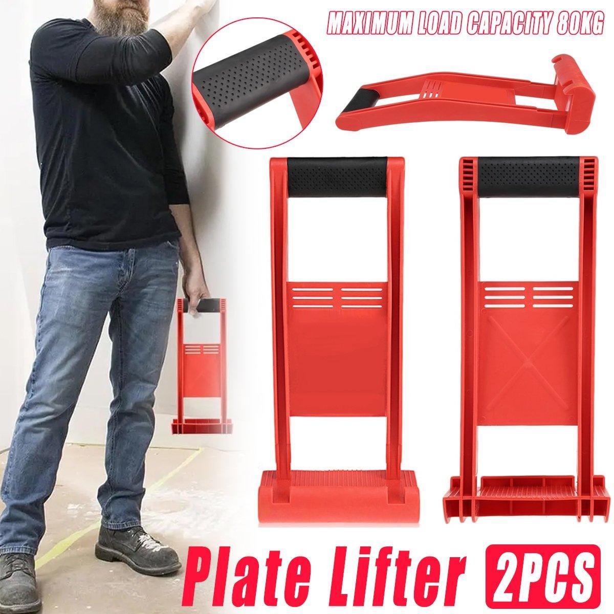 Red plate lifter with a man using it, showing maximum load capacity and details.