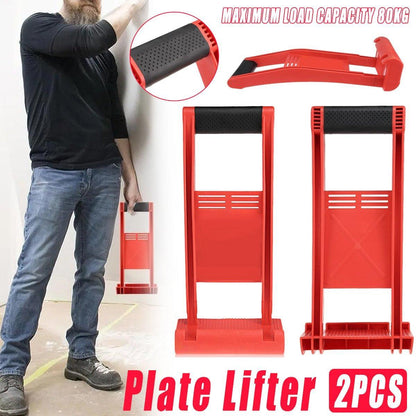 Red plate lifter with a man using it, showing maximum load capacity and details.