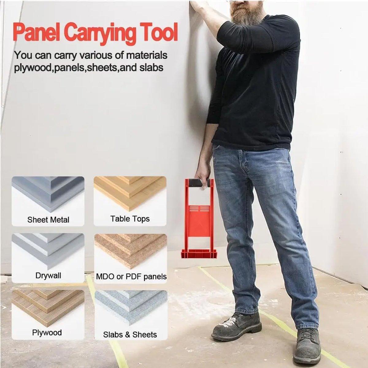 Person using a panel carrying tool with materials listed on the left