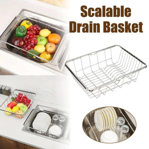 Stainless Steel Sink Draining Basket Telescopic Dish Rack Kitchen Storage Holder