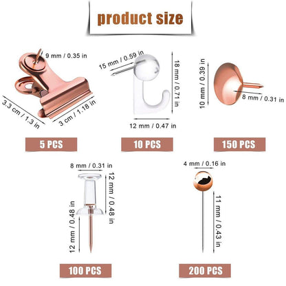 465PCS Rose Gold Thumbtacks Binder Clips Push Pins Set Office Supplies With Box
