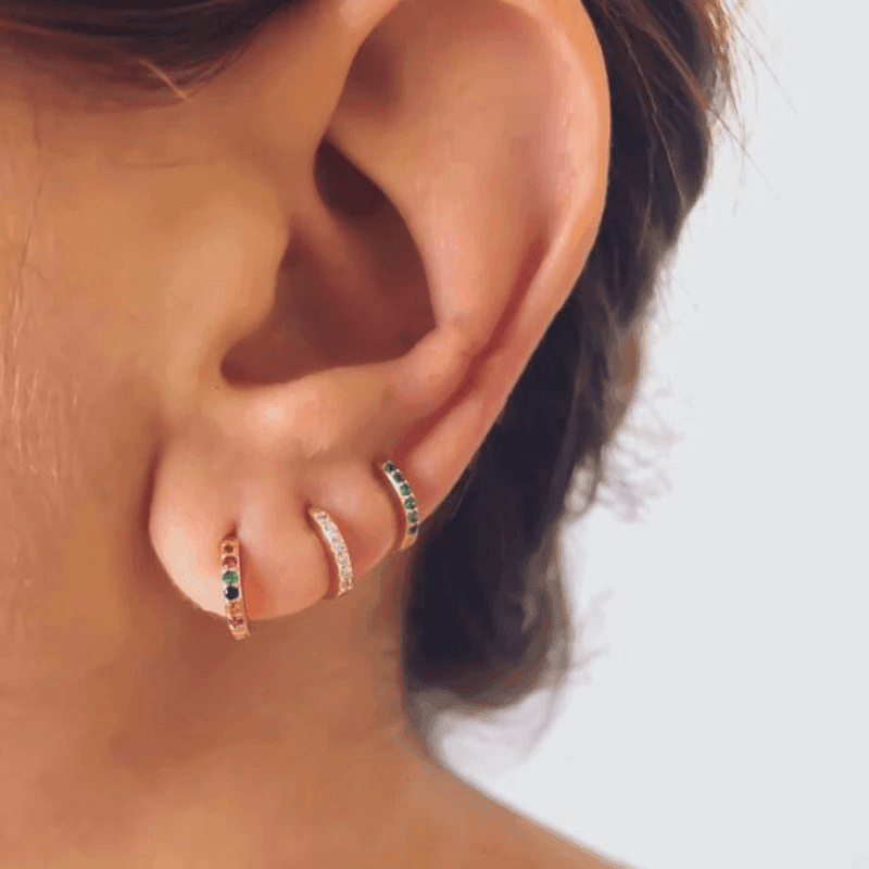 925 Sterling Silver Gold Rings Plated Cubic Crystal Cuff Huggie Hoop Earrings Au - Gold-Blue Crystal