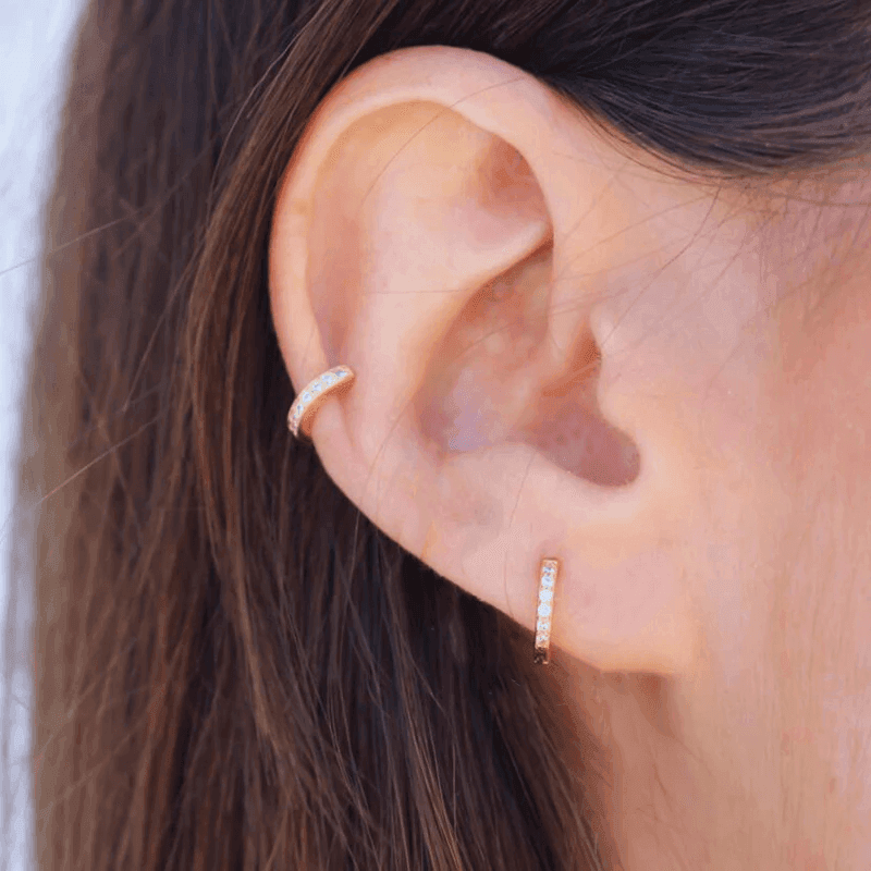 925 Sterling Silver Gold Rings Plated Cubic Crystal Cuff Huggie Hoop Earrings Au - Gold-Blue Crystal