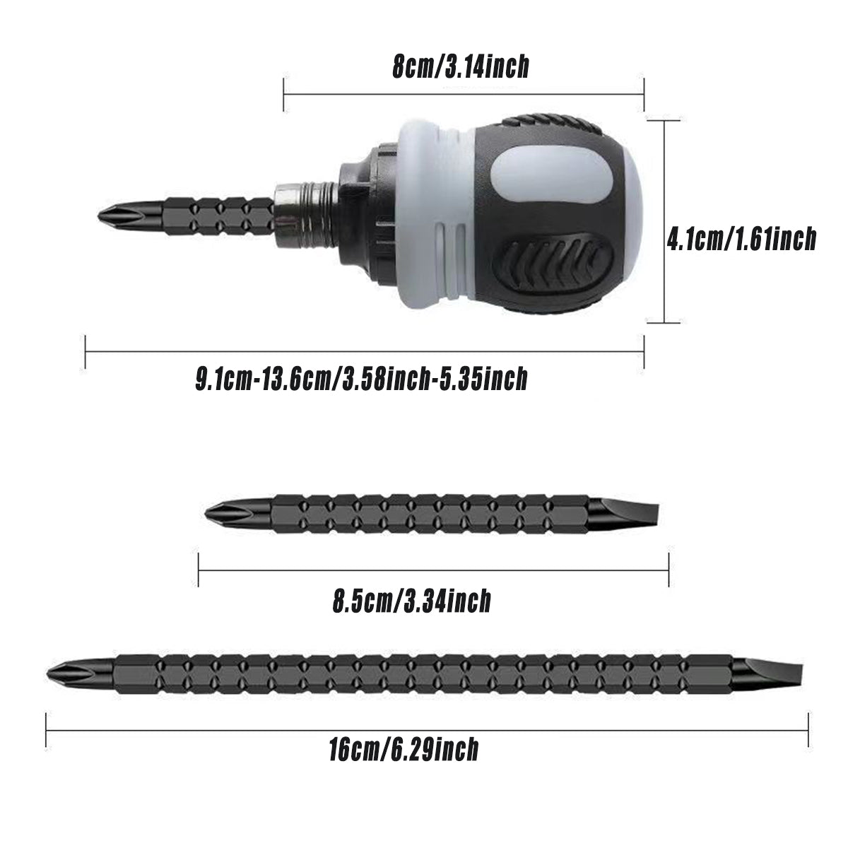 Measurement chart of a screwdriver bit set with dimensions labeled.