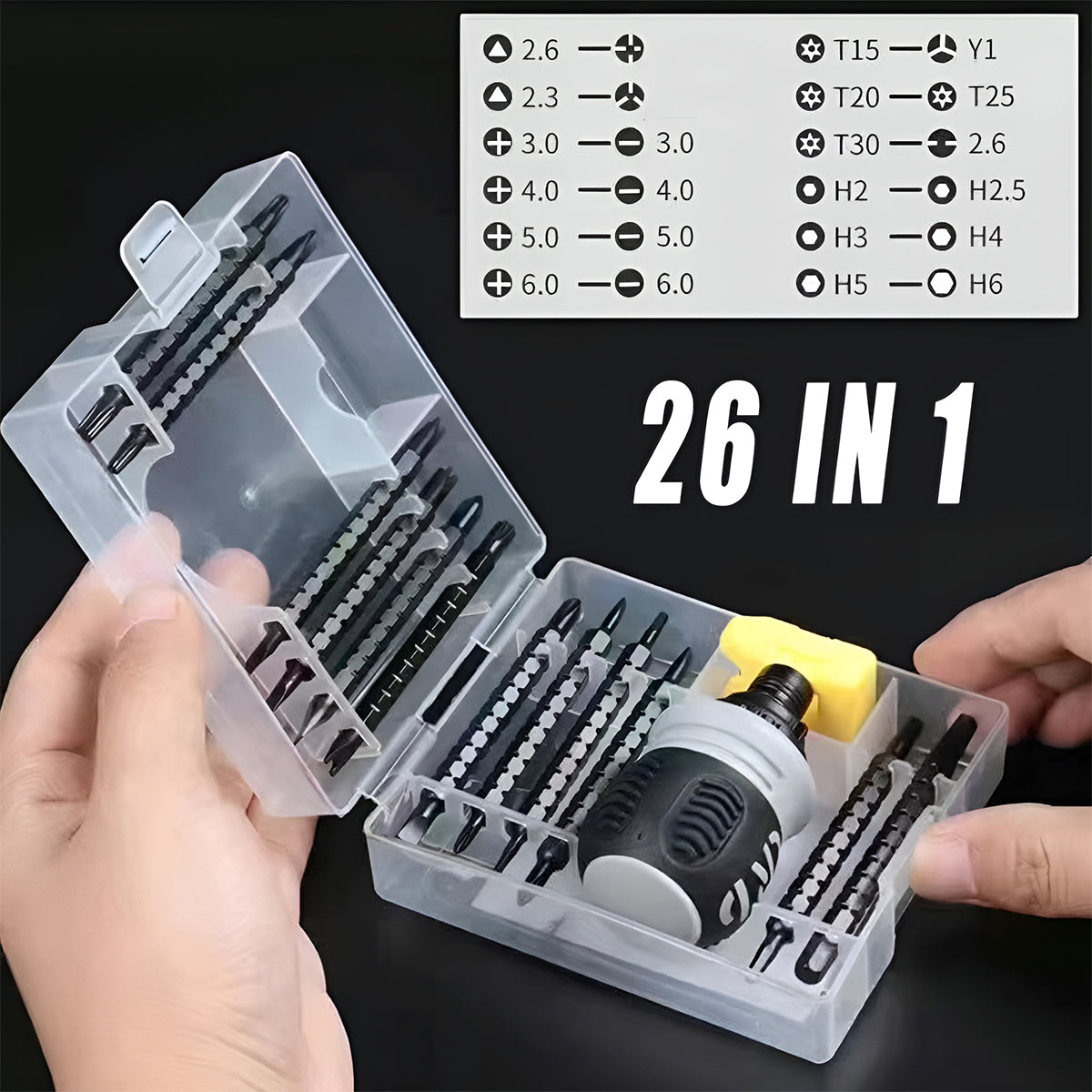 26-in-1 screwdriver set with various bits in a clear case, held by hands against a black background.
