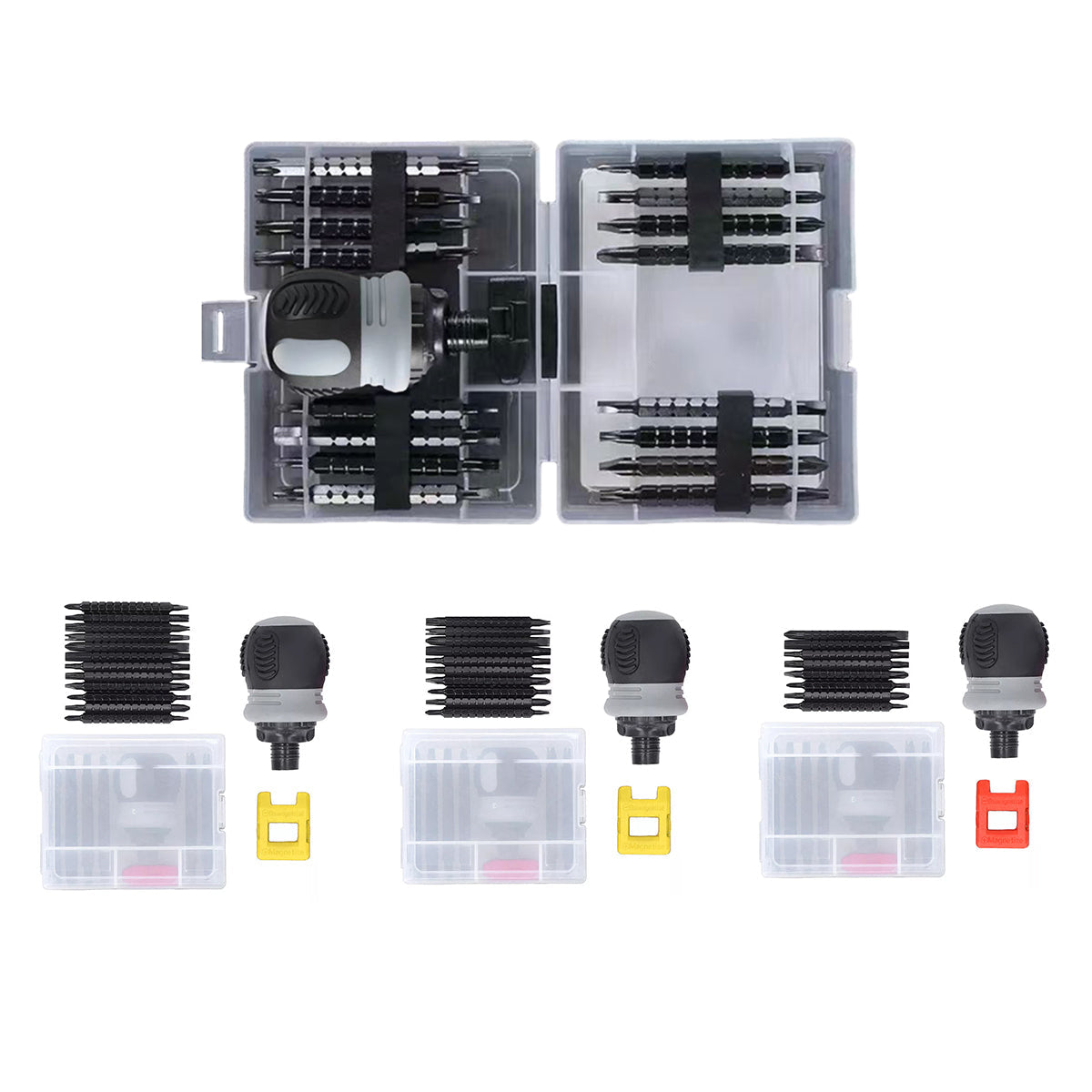 Set of drill bits and accessories in a clear plastic case on a white background