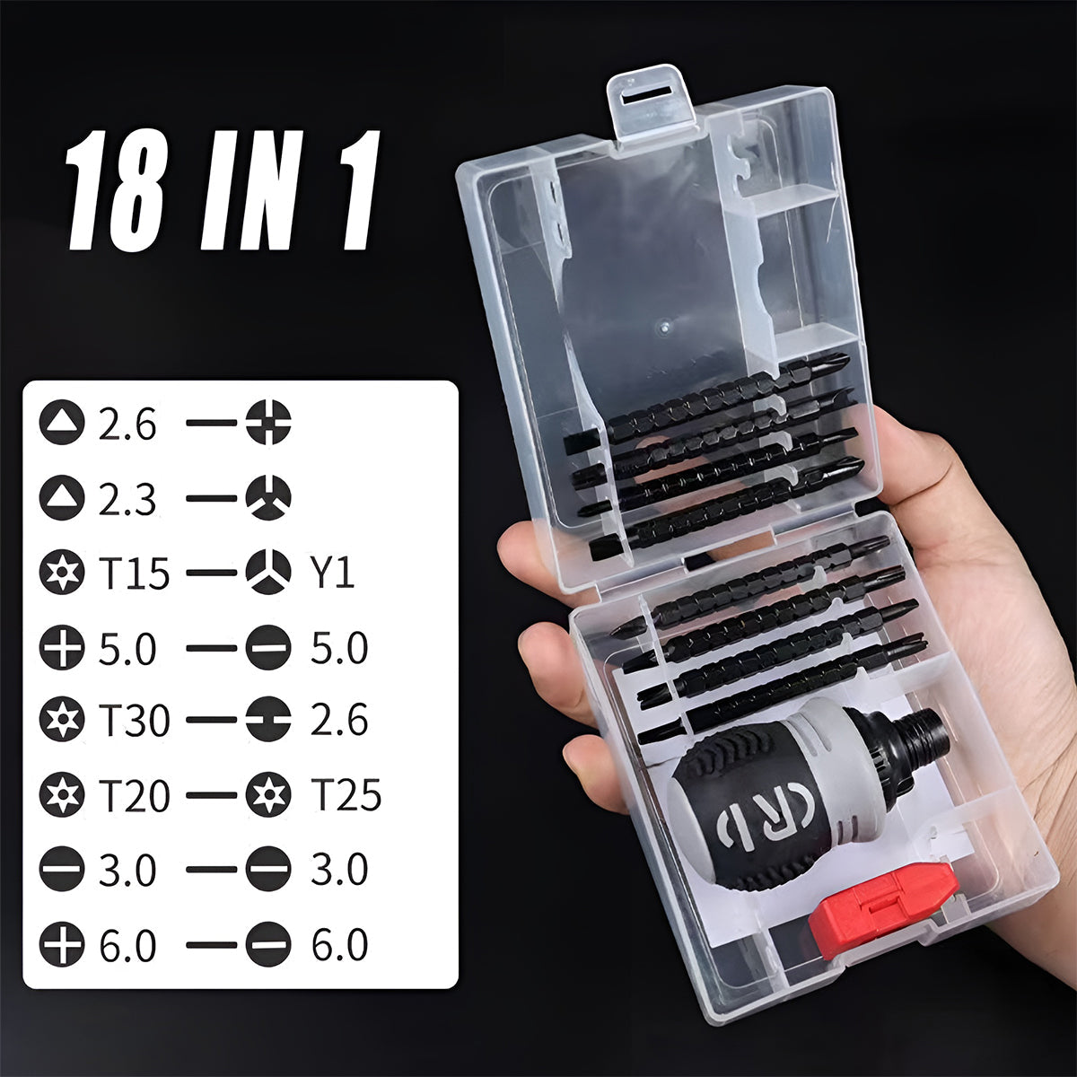 18-in-1 screwdriver set with clear case held by a hand on a black background