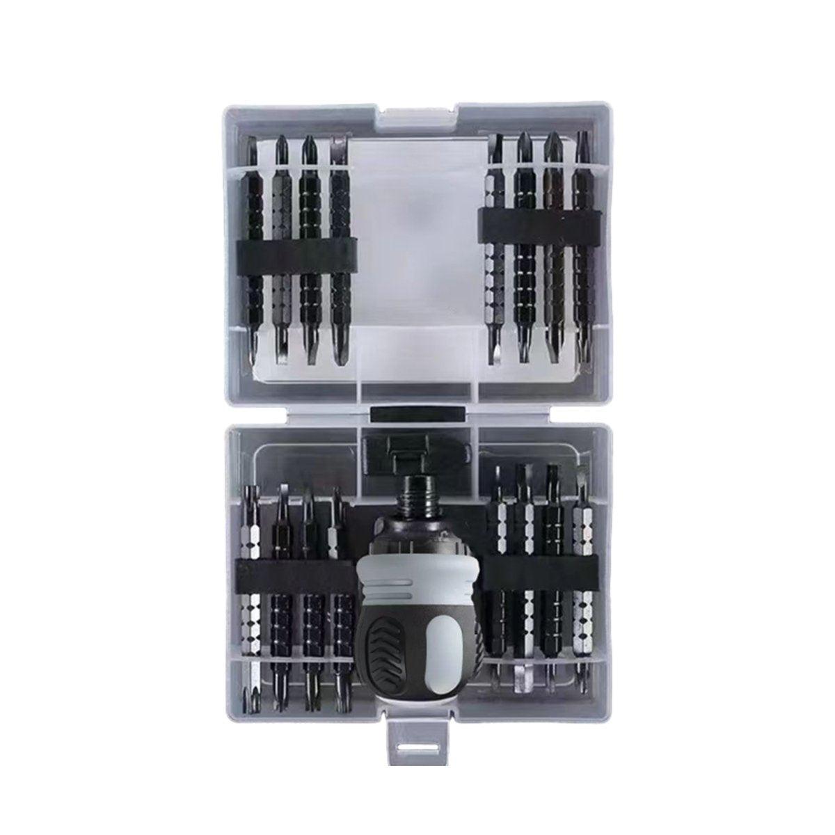 Set of screwdrivers in a clear plastic case on a white background