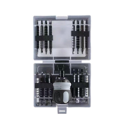 Set of screwdrivers in a clear plastic case on a white background
