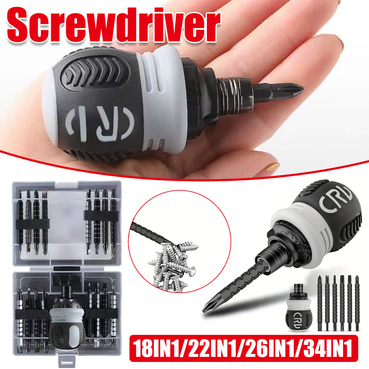 Screwdriver set with various bits and a clear case on a white background