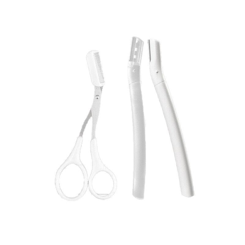 3Pcs Eyebrow Razor Set Facial Trimmer Shaver Blade Hair Remover Beauty Tool - Short+Long Eyebrow Razor+Scissor-White