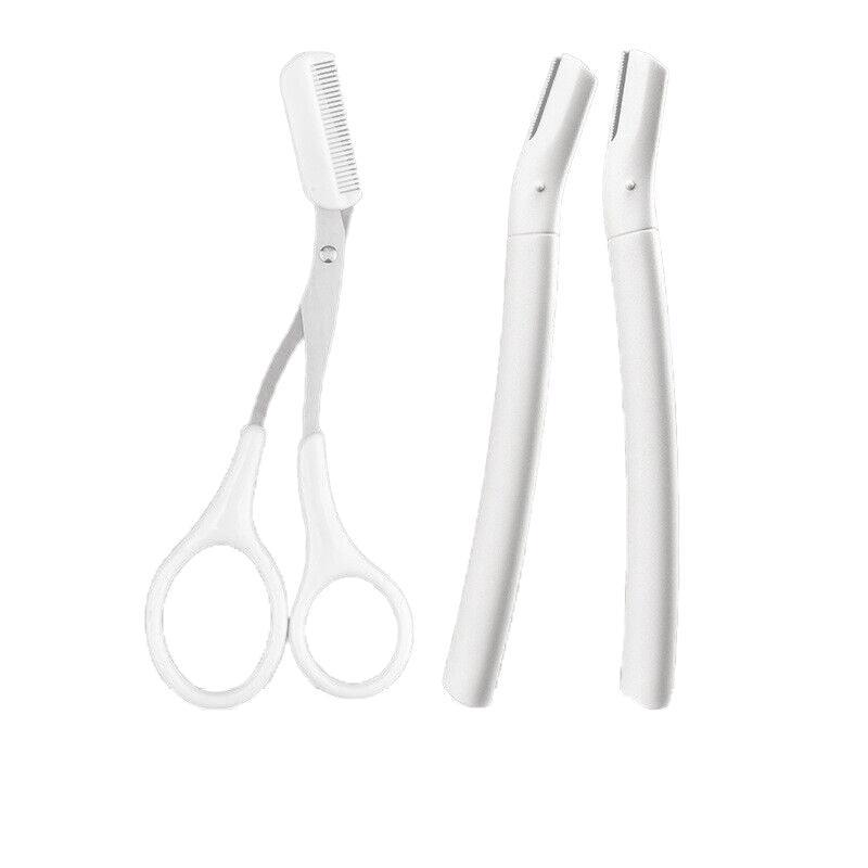3Pcs Eyebrow Razor Set Facial Trimmer Shaver Blade Hair Remover Beauty Tool - Short+Long Eyebrow Razor+Scissor-White