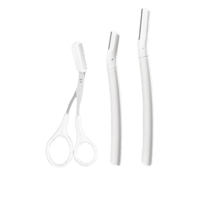 3Pcs Eyebrow Razor Set Facial Trimmer Shaver Blade Hair Remover Beauty Tool - 2X Eyebrow Razor+Scissor-White