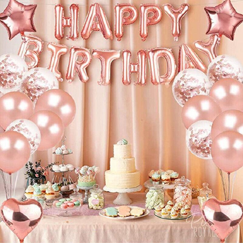 Rose Gold Birthday Balloon Party Decoration Set with Confetti Latex Foil Curtain