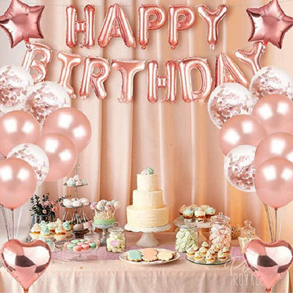 Rose Gold Birthday Balloon Party Decoration Set with Confetti Latex Foil Curtain