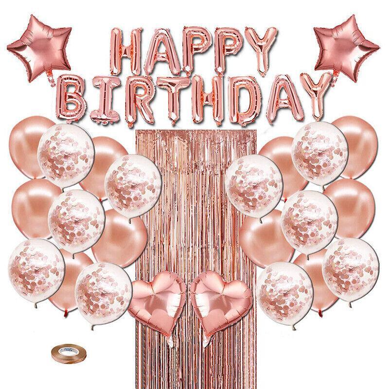 Rose Gold Birthday Balloon Party Decoration Set with Confetti Latex Foil Curtain
