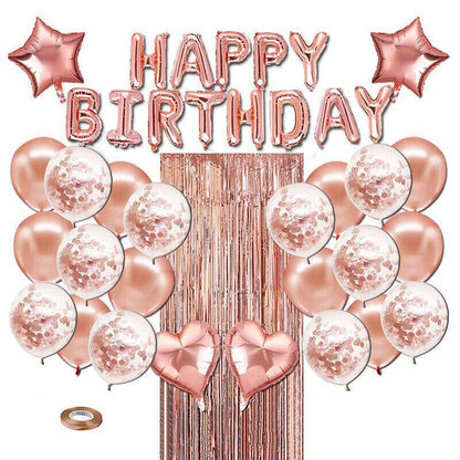 Rose Gold Birthday Balloon Party Decoration Set with Confetti Latex Foil Curtain