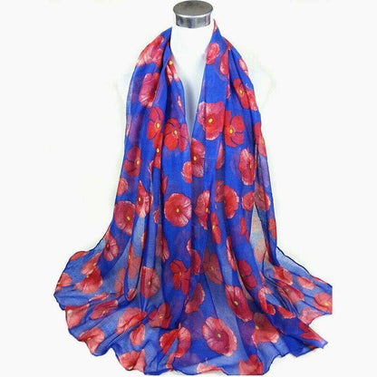 Women Ladies Poppy Print Floral Scarf Remembrance Day Poppies Scarves Wrap Shawl - White