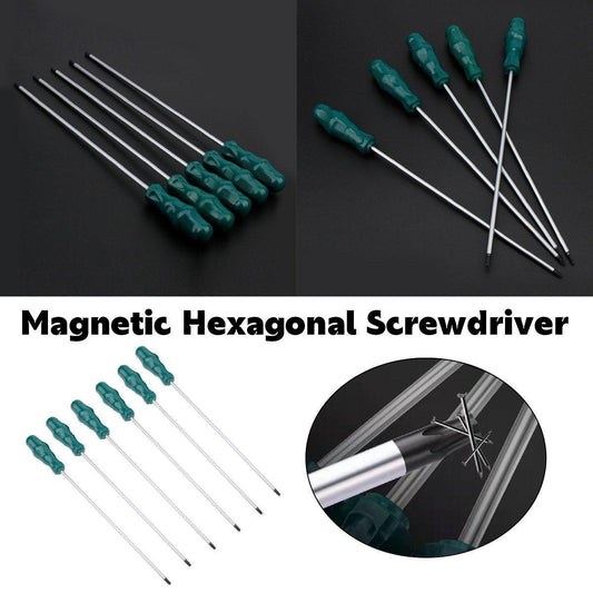 Set of magnetic hexagonal screwdrivers with green handles on a black background.