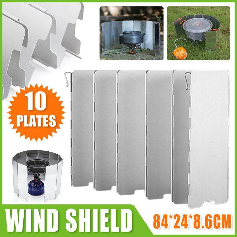 Set of metal wind shield plates with images showing their use on a grill and fire pit.