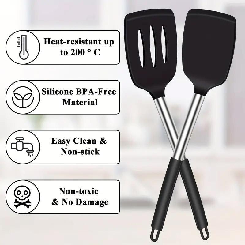 2pcs Silicone Cooking Utensils Stir Fry Spatula Kitchen Tools Non Stick Cookware - Grey