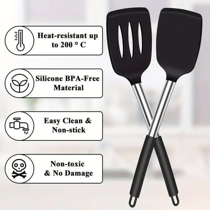 2pcs Silicone Cooking Utensils Stir Fry Spatula Kitchen Tools Non Stick Cookware - Grey