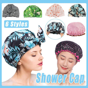 Various designs of shower caps with a woman wearing a floral cap and another wearing a polka dot cap.