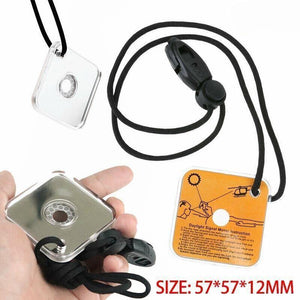 Daylight Survival Kit signal mirror with lanyard and hand holding it, on a white background